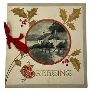 Antique New Year Greeting Card Cottage Scene Holly Ribbon Early‎ 1900s Square